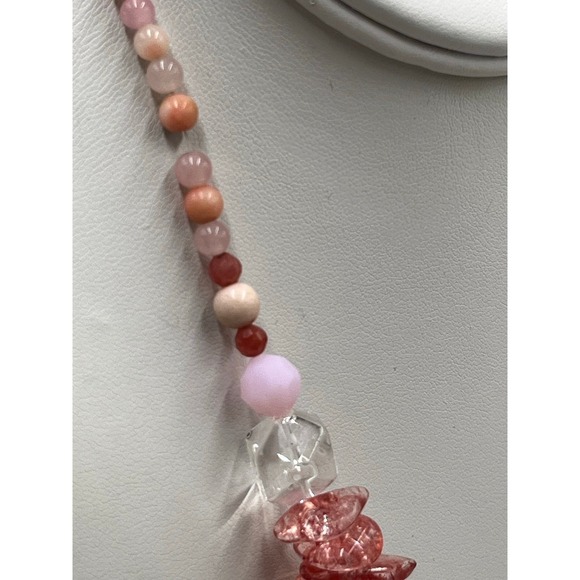 Cherry Quartz & Clear Quartz Chip Bead Statement Necklace Pink Coral Gemstone - Picture 7 of 13